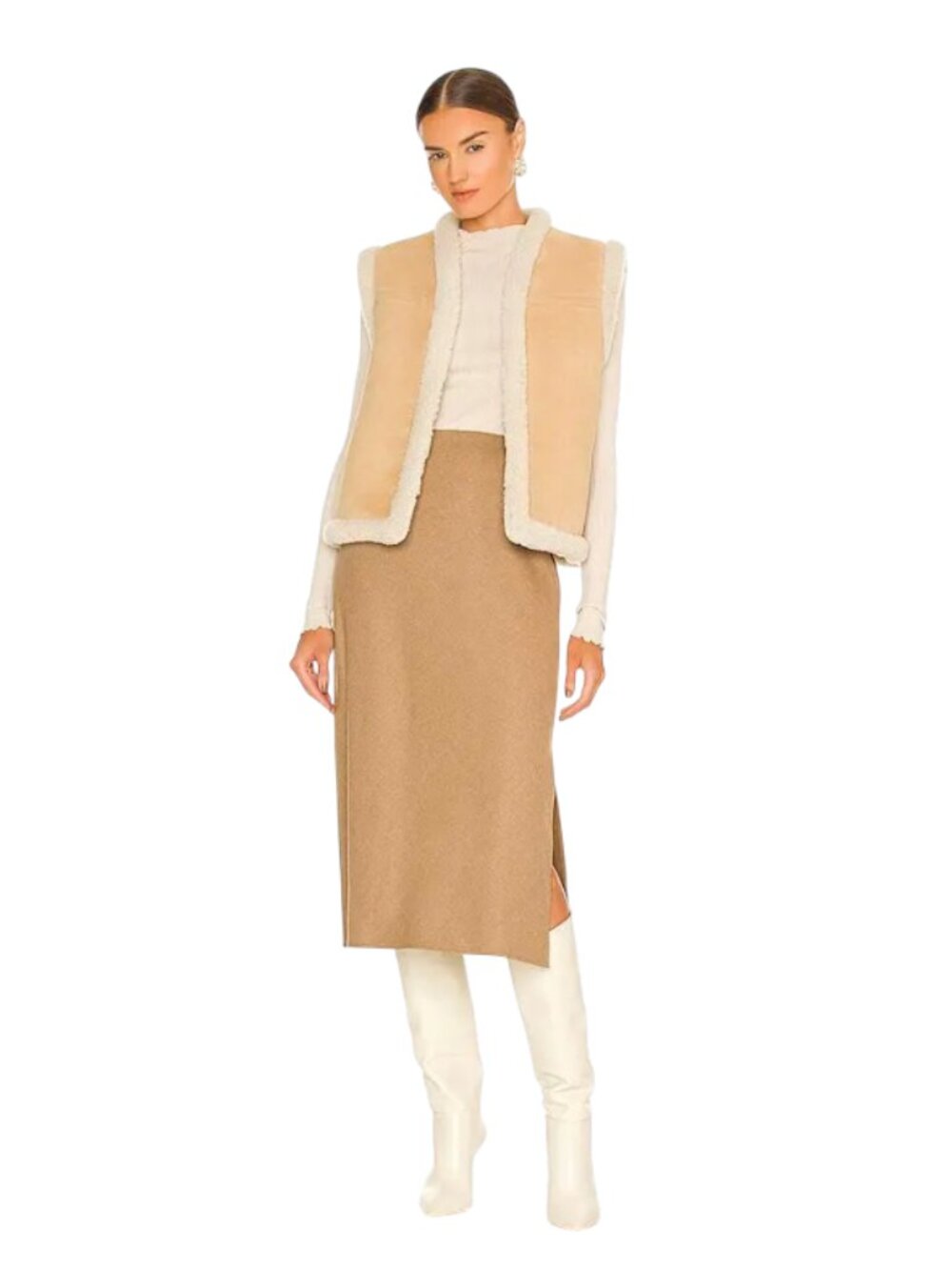 Vince Brushed Flannel Side Slit Midi Slip Skirt Womens 2 Camel Tan Wool Blend
